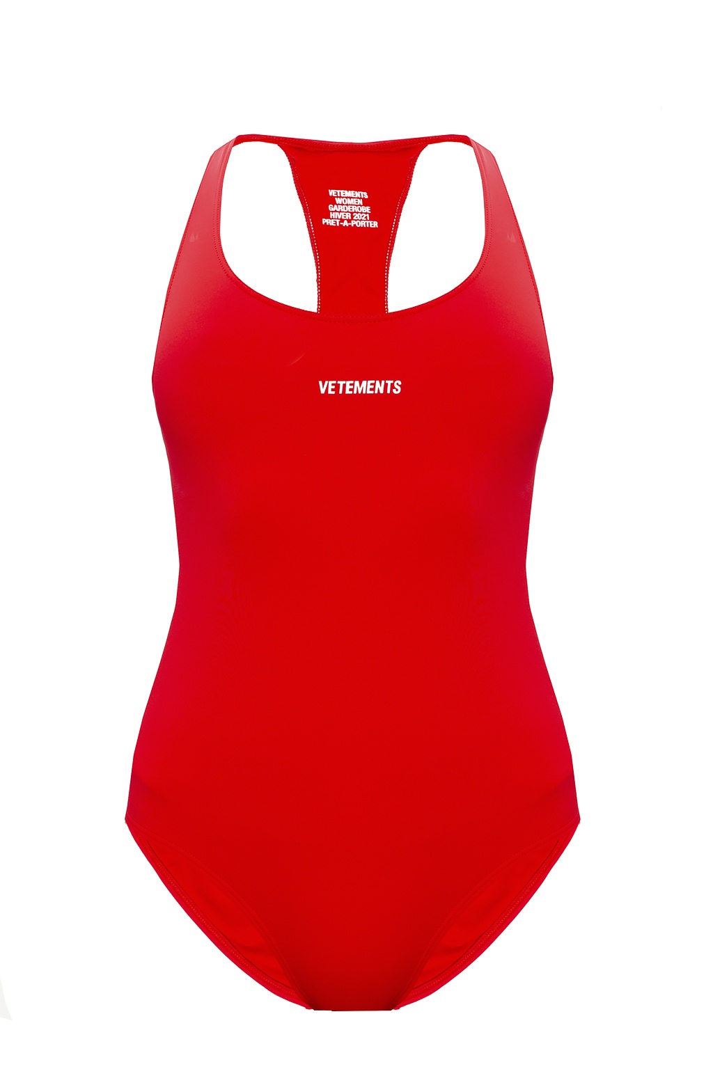 VETEMENTS Red one-piece swimsuit from Vetements printed with the label's logo in white